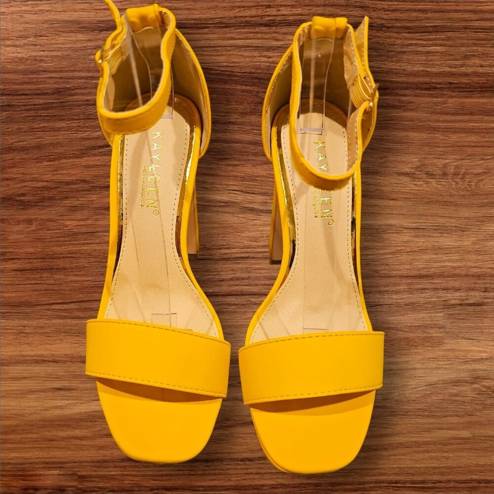 Mustard Platform High Heels With Ankle Strap Open Toe Design Faux Leather Finish - Picture 7 of 9